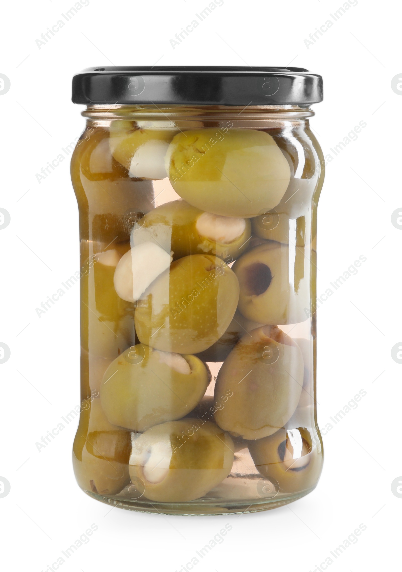 Photo of Tasty pickled olives in jar isolated on white