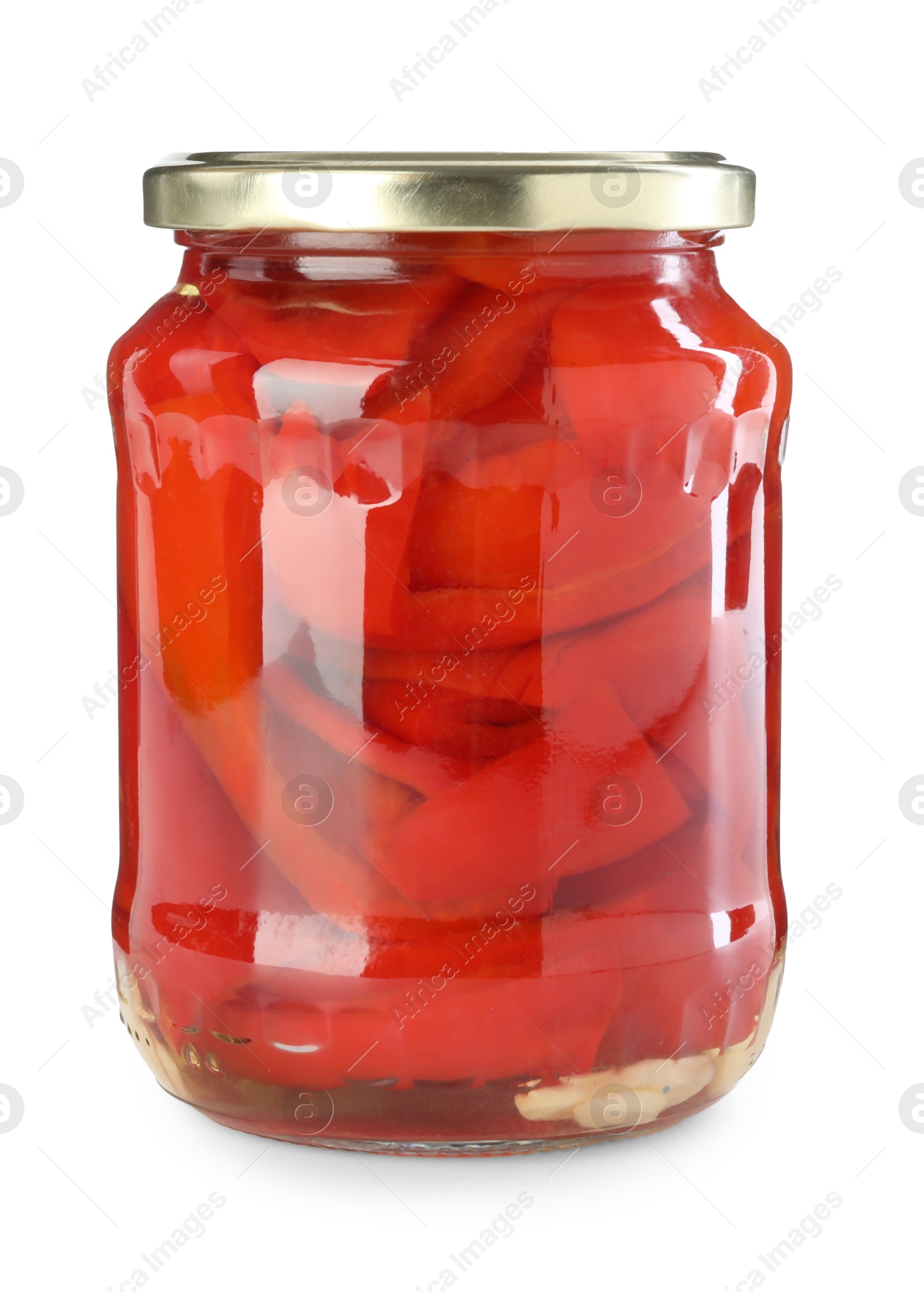 Photo of Tasty pickled bell peppers in jar isolated on white