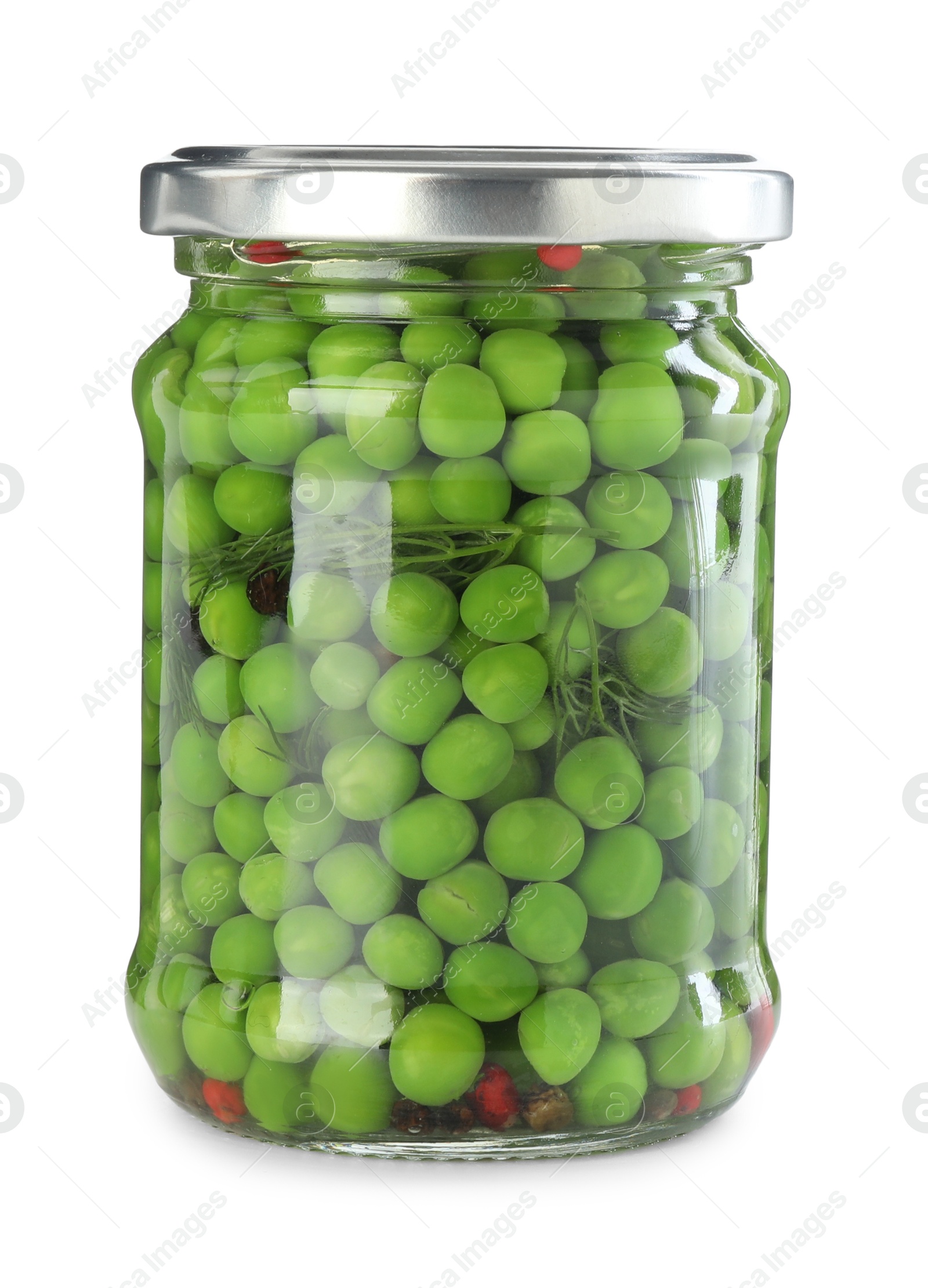 Photo of Tasty pickled peas in jar isolated on white