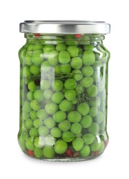 Photo of Tasty pickled peas in jar isolated on white