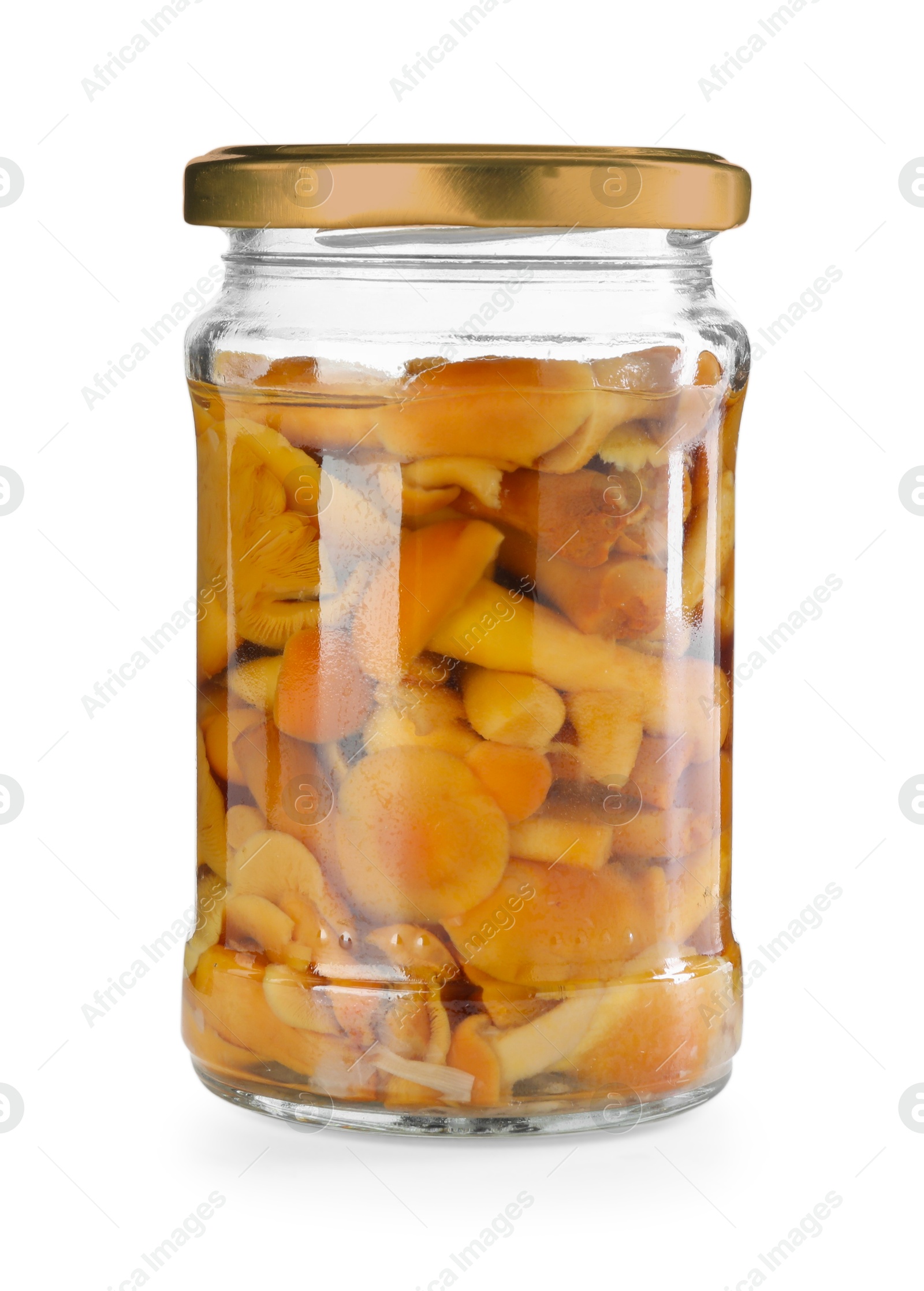 Photo of Tasty pickled mushrooms in jar isolated on white