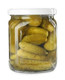 Photo of Tasty pickled cucumbers in jar isolated on white