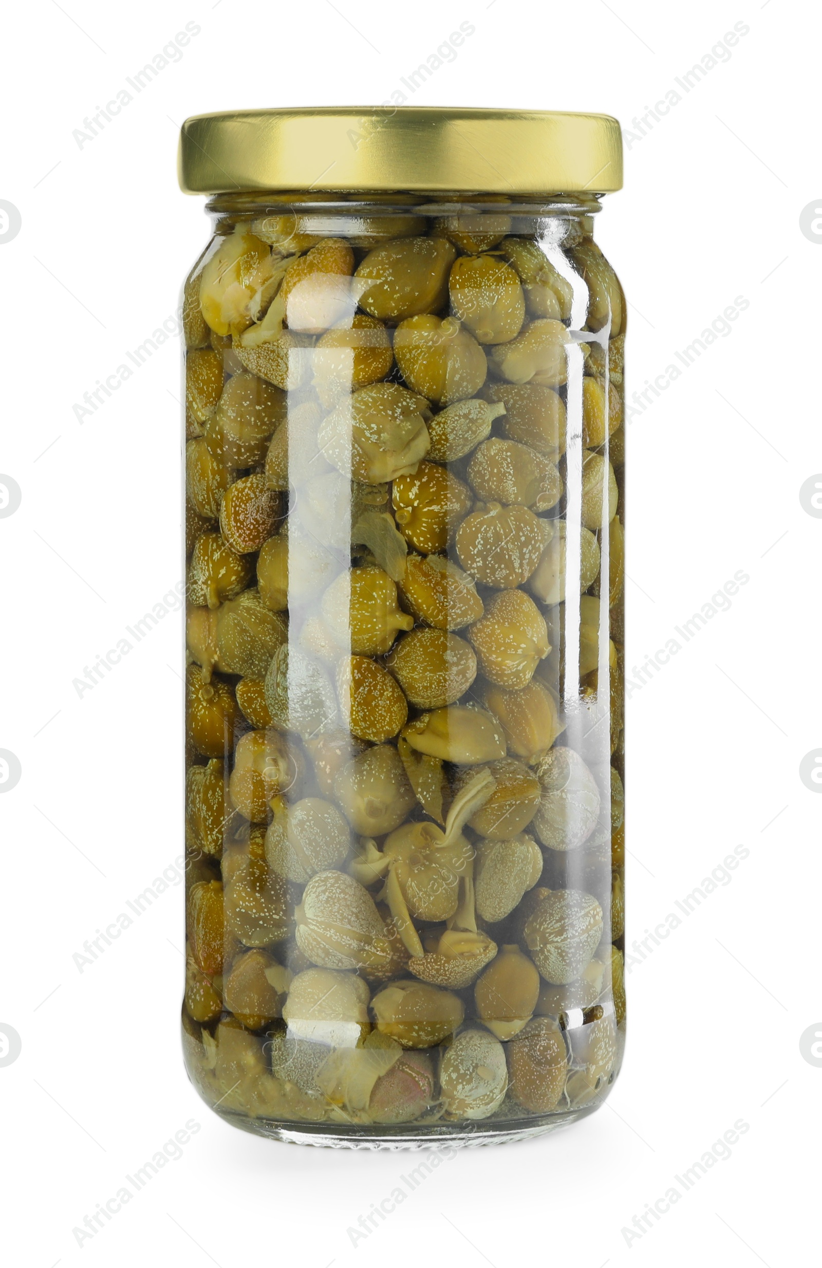 Photo of Tasty pickled capers in jar isolated on white