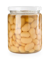 Photo of Tasty pickled beans in jar isolated on white