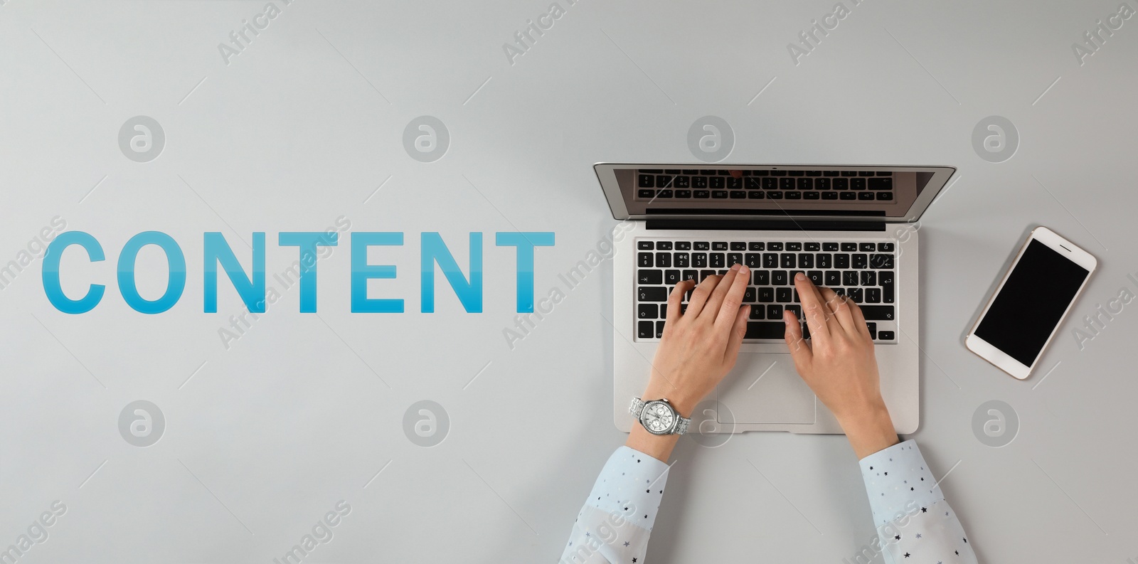 Image of Content manager. Woman working on laptop on light background, top view