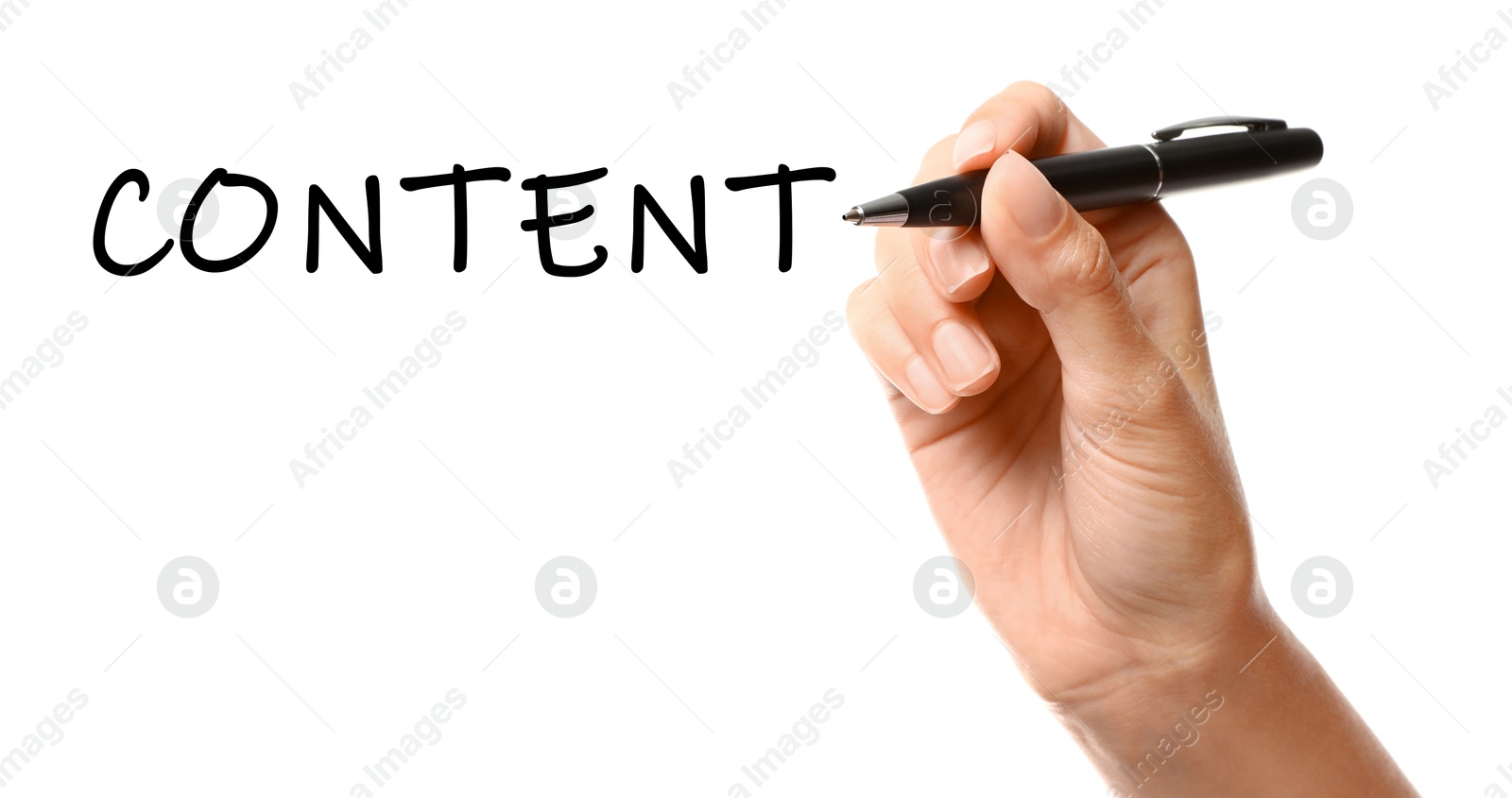 Image of Word Content written by woman on glass against white background, banner design