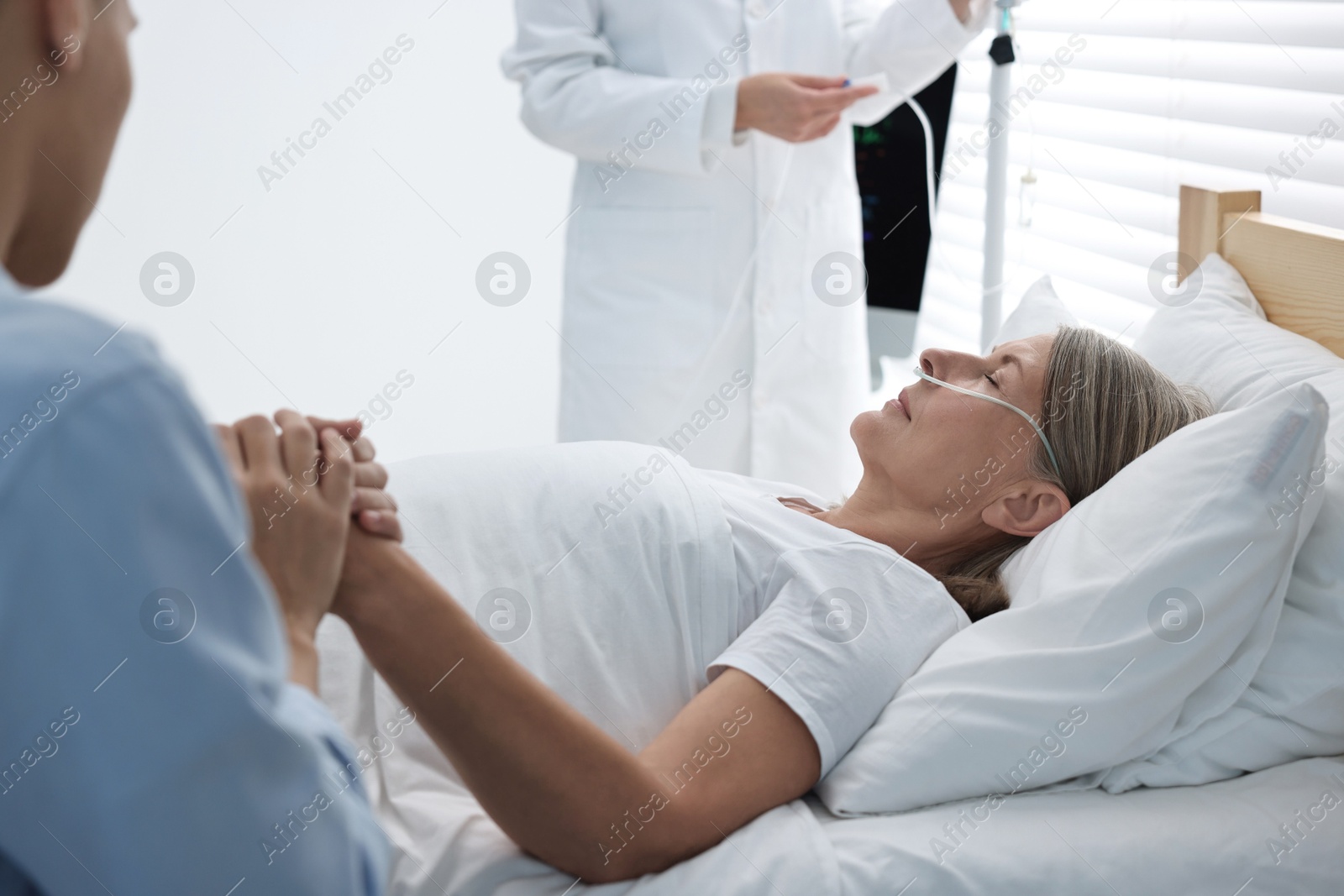 Photo of Coma patient. Man near his unconscious mother in hospital