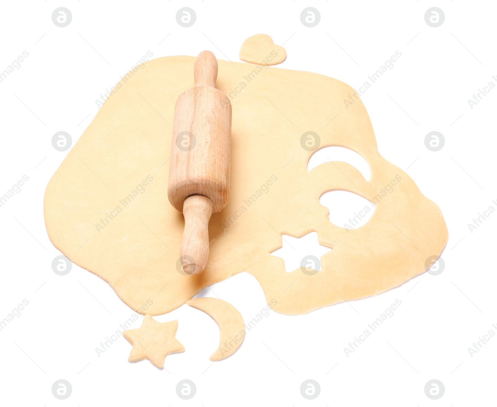 Photo of Raw dough and wooden rolling pin isolated on white