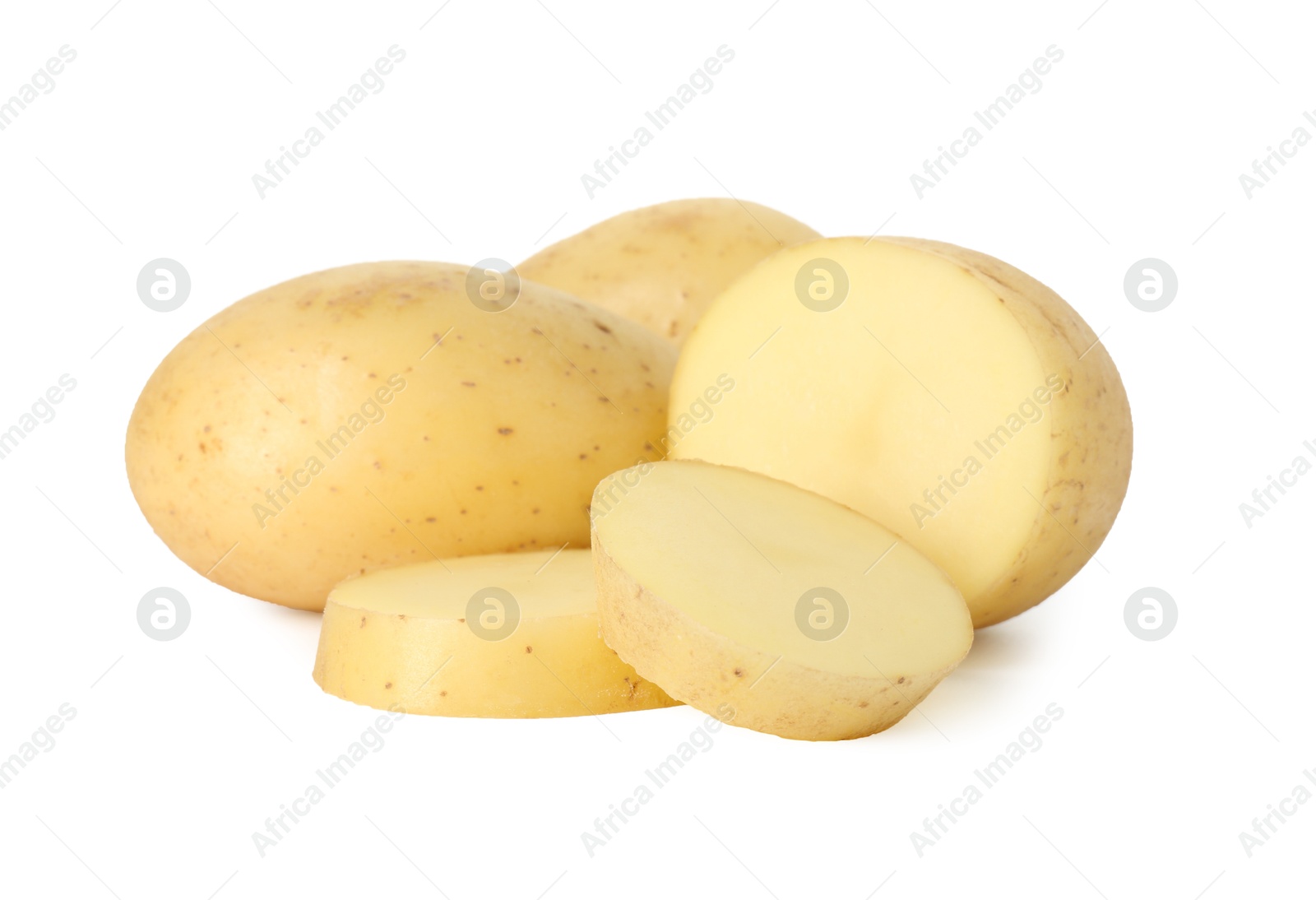 Photo of Fresh whole and cut potatoes isolated on white