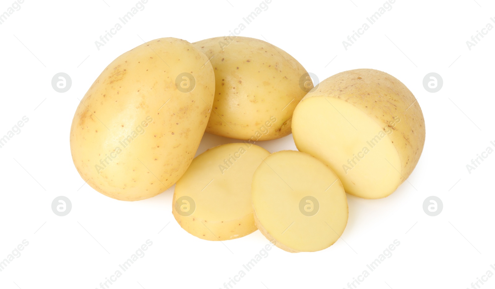 Photo of Fresh whole and cut potatoes isolated on white