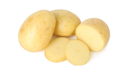 Photo of Fresh whole and cut potatoes isolated on white