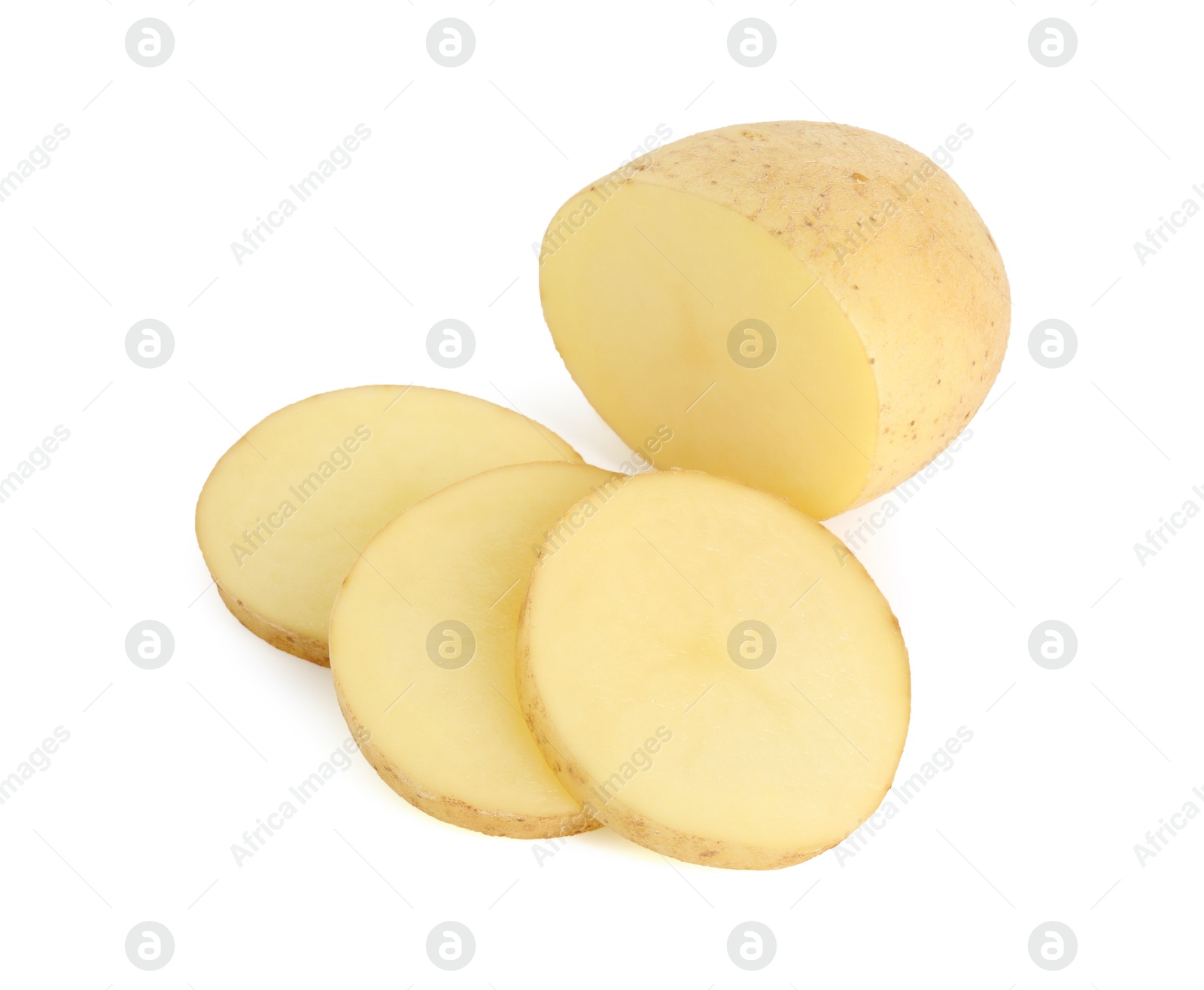 Photo of Fresh whole and cut potatoes isolated on white