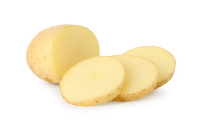 Photo of Fresh whole and cut potatoes isolated on white