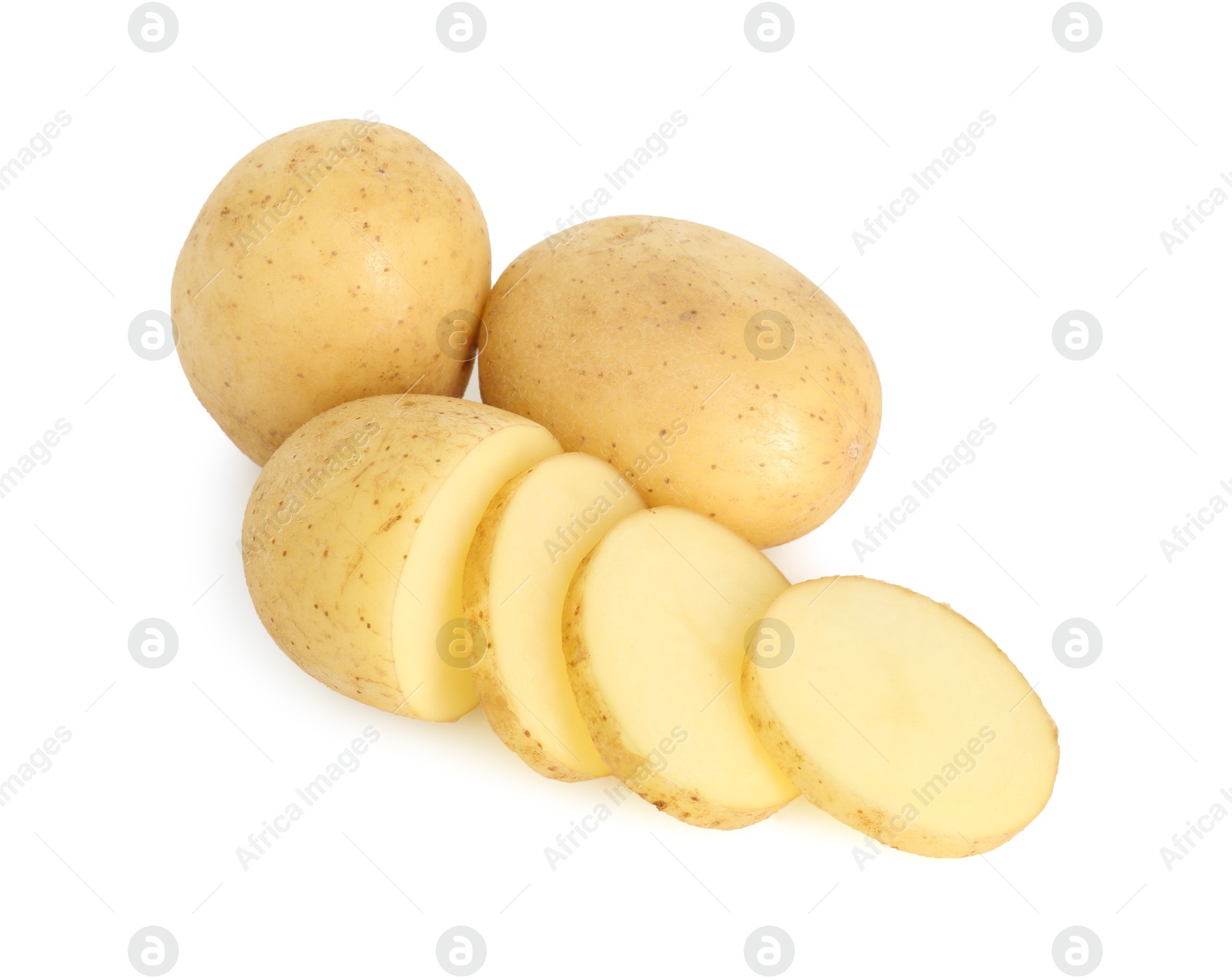 Photo of Fresh whole and cut potatoes isolated on white