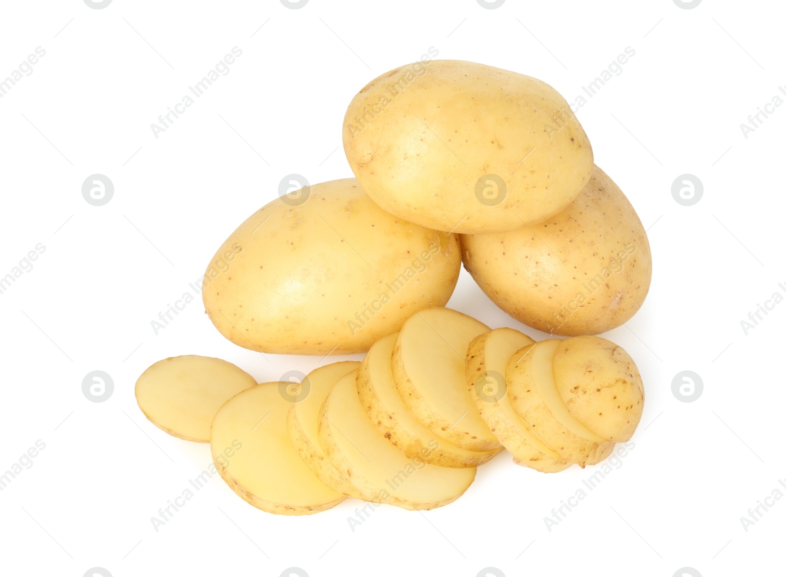 Photo of Fresh whole and cut potatoes isolated on white, above view