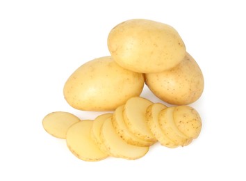 Photo of Fresh whole and cut potatoes isolated on white, above view