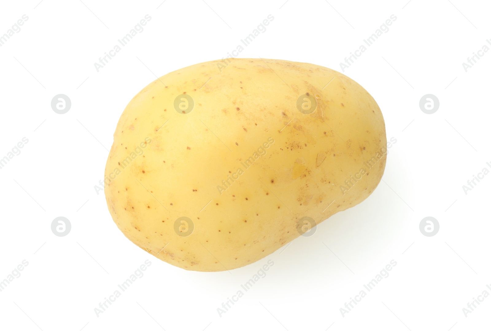 Photo of One young fresh potato isolated on white, top view