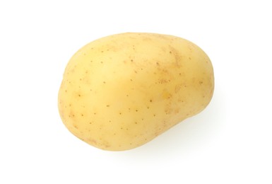 Photo of One young fresh potato isolated on white, top view