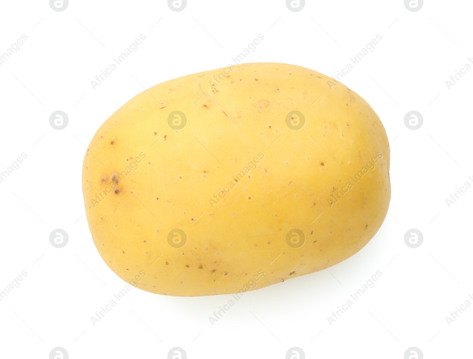 Photo of One young fresh potato isolated on white, top view