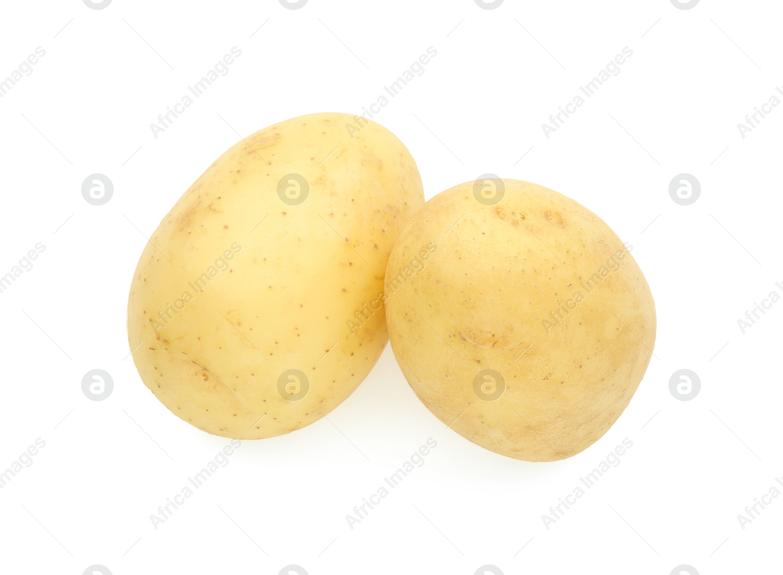 Photo of Young fresh potatoes isolated on white, top view