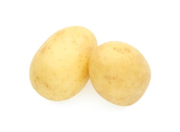 Photo of Young fresh potatoes isolated on white, top view