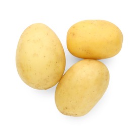 Photo of Three young fresh potatoes isolated on white, top view