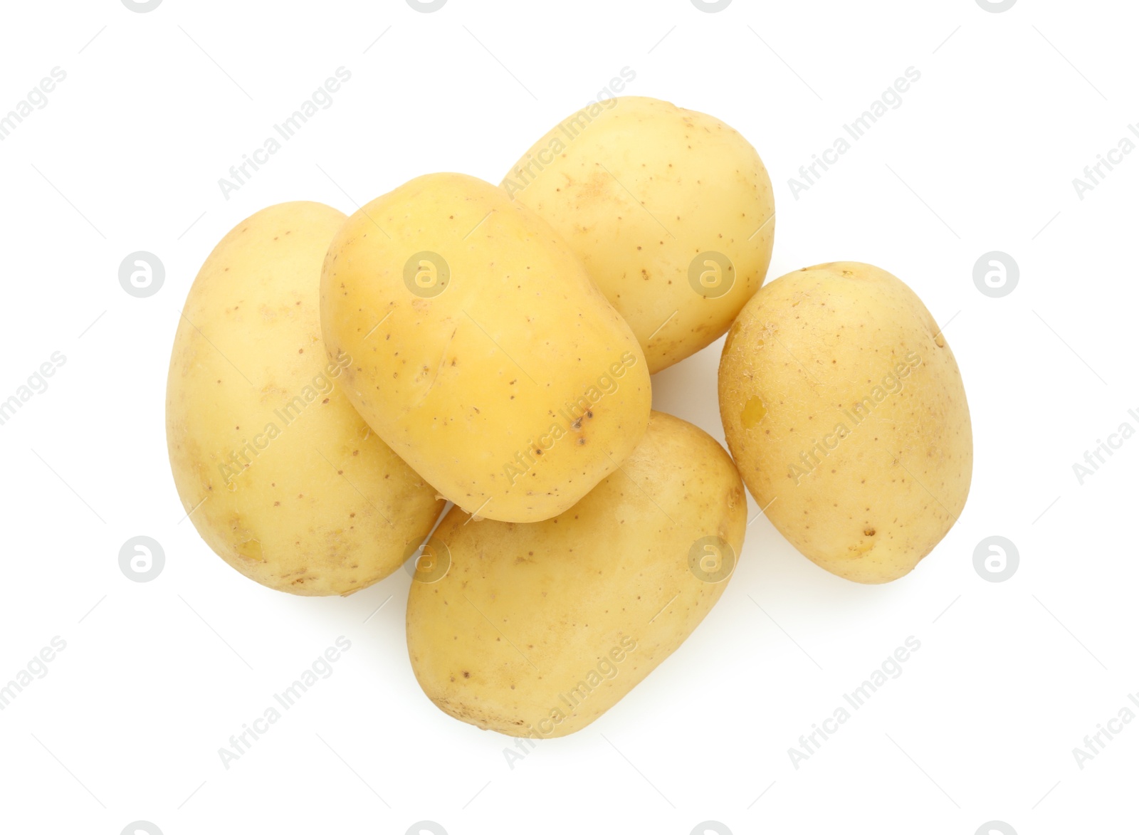 Photo of Pile of young fresh potatoes isolated on white, top view