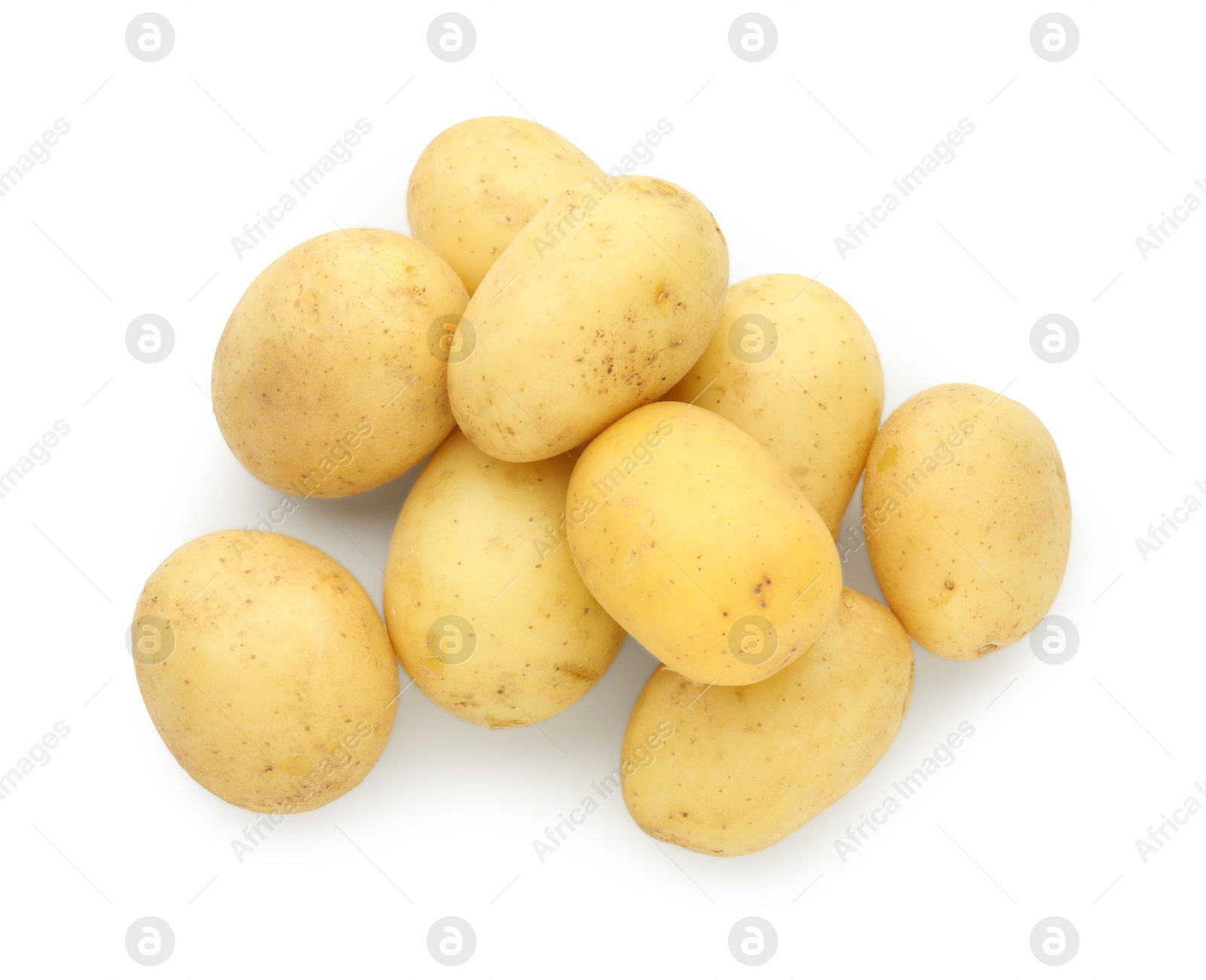 Photo of Pile of young fresh potatoes isolated on white, top view