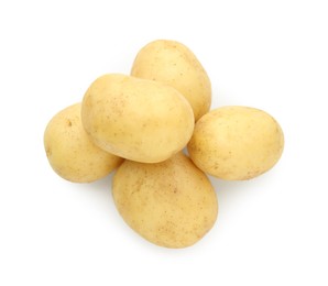 Photo of Pile of young fresh potatoes isolated on white, top view