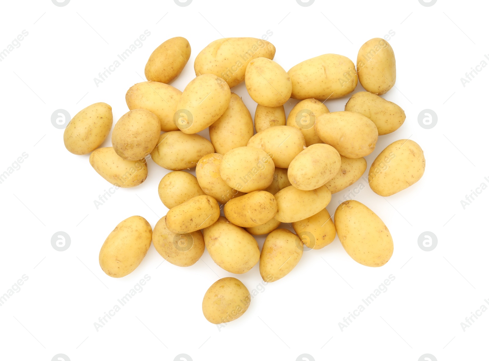 Photo of Pile of fresh young potatoes isolated on white, top view