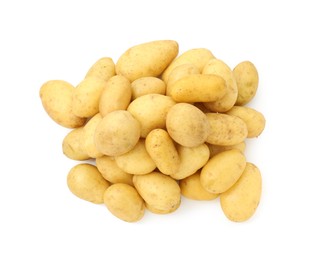 Photo of Pile of fresh young potatoes isolated on white, top view