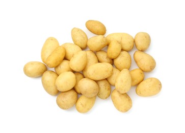 Photo of Pile of fresh young potatoes isolated on white, top view