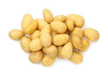 Photo of Pile of fresh young potatoes isolated on white, top view