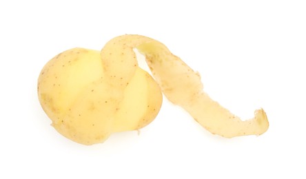 Photo of One fresh young potato with peel isolated on white, top view