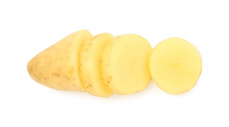 Photo of Cut young potato isolated on white, top view