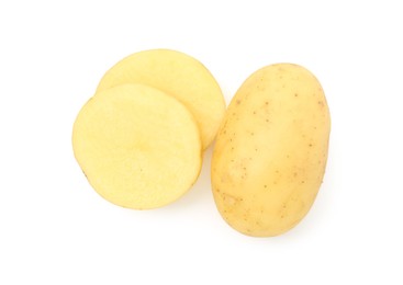 Photo of Fresh whole and cut potatoes isolated on white, top view