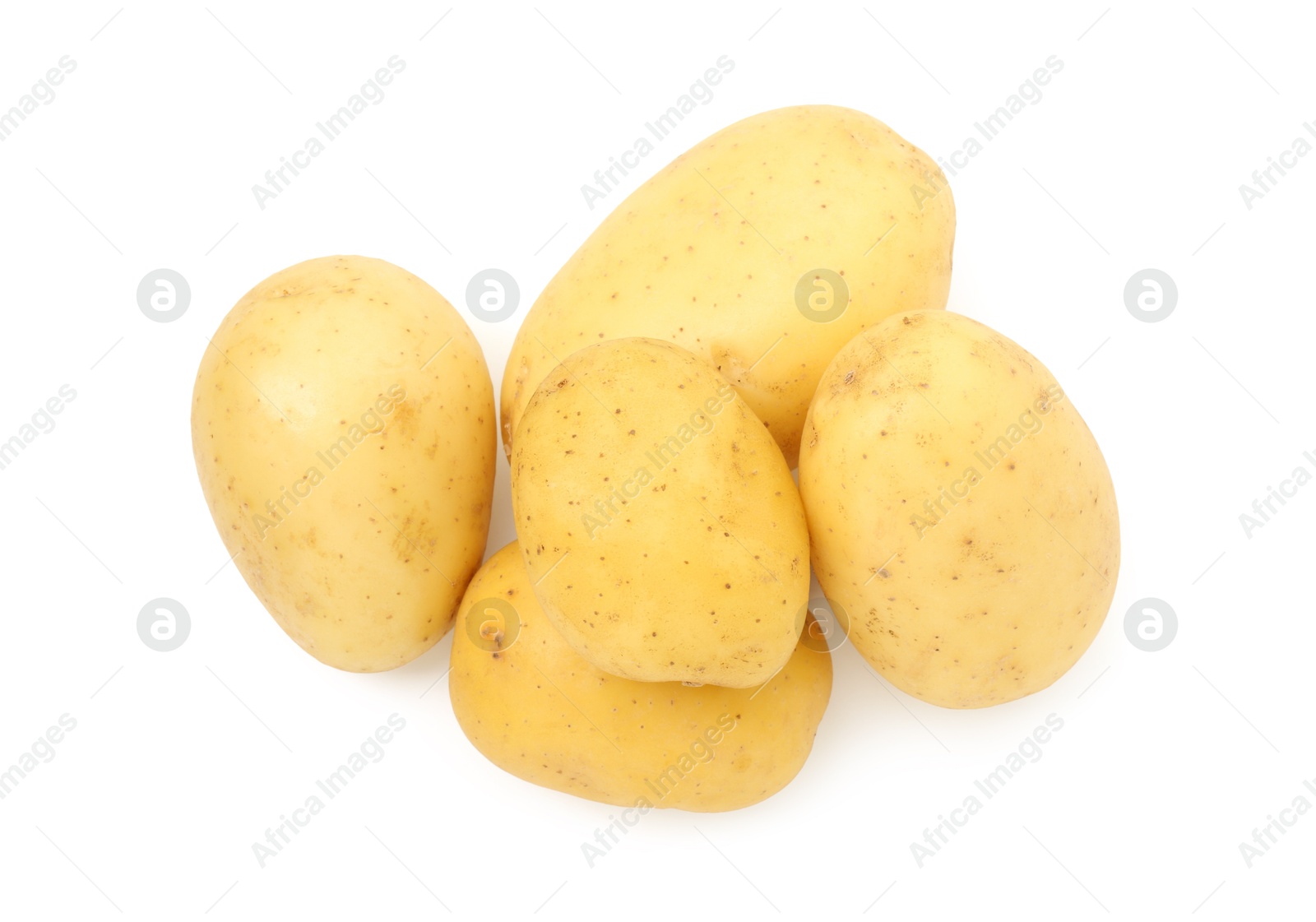 Photo of Pile of young potatoes isolated on white, top view