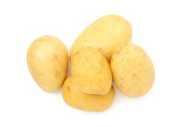 Photo of Pile of young potatoes isolated on white, top view