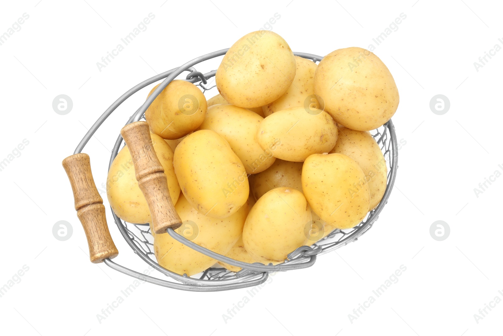 Photo of Young potatoes in metal basket isolated on white, top view