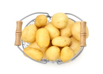 Photo of Young potatoes in metal basket isolated on white, top view