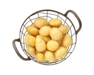 Photo of Young potatoes in metal basket isolated on white, top view