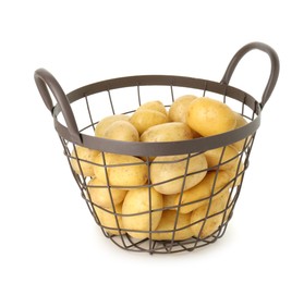 Photo of Young potatoes in metal basket isolated on white