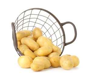 Photo of Young potatoes with metal basket isolated on white