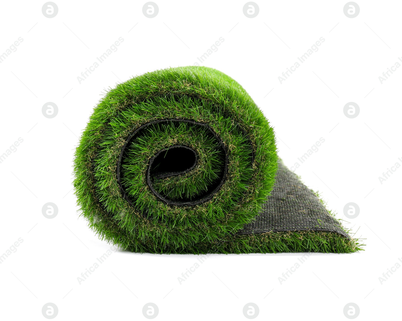 Photo of Roll of green artificial grass isolated on white