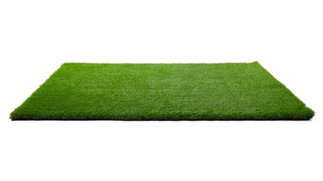 Photo of Green artificial grass isolated on white. Garden decor