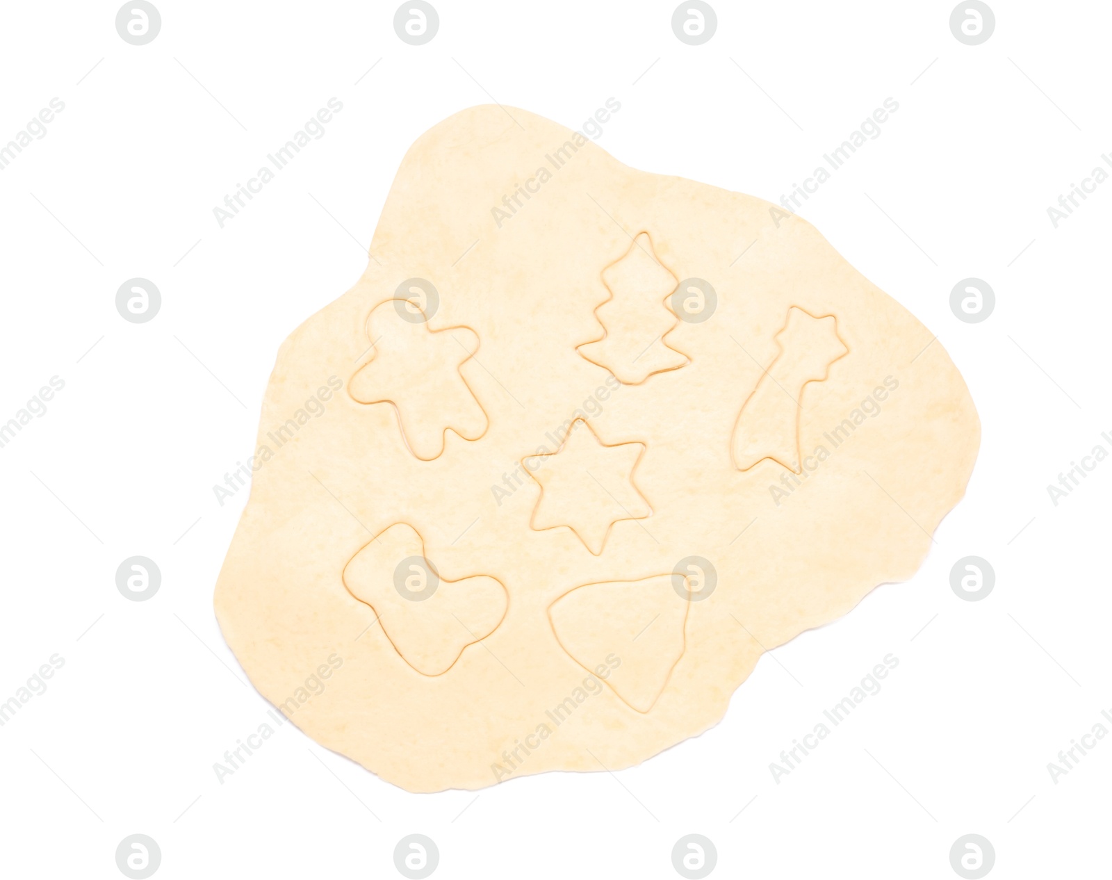 Photo of Raw dough in different shapes isolated on white, top view