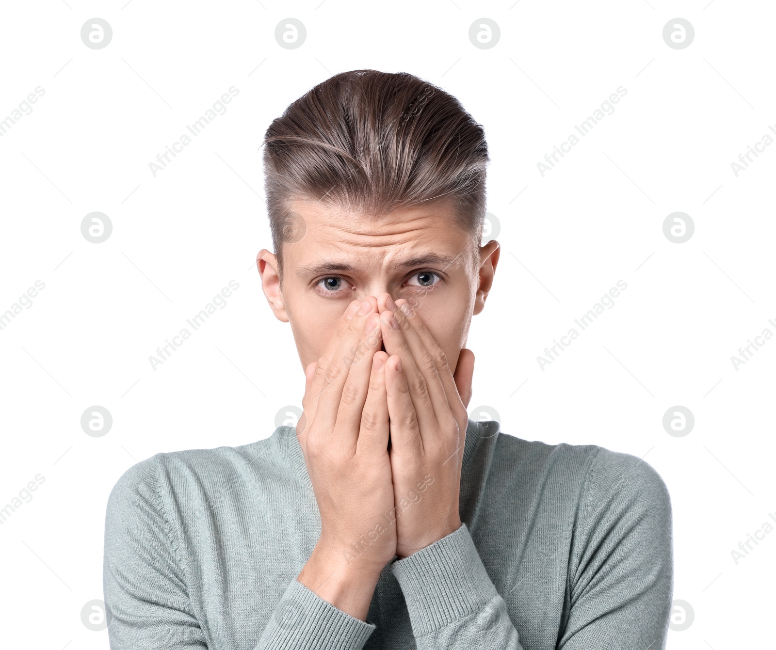 Photo of Young man suffering from sinusitis on white background