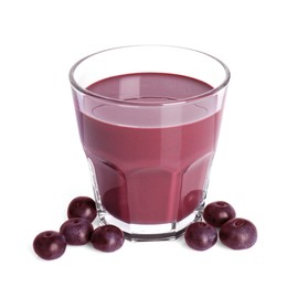 Photo of Tasty acai juice in glass and berries isolated on white