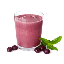 Photo of Tasty acai smoothie in glass, mint and berries isolated on white