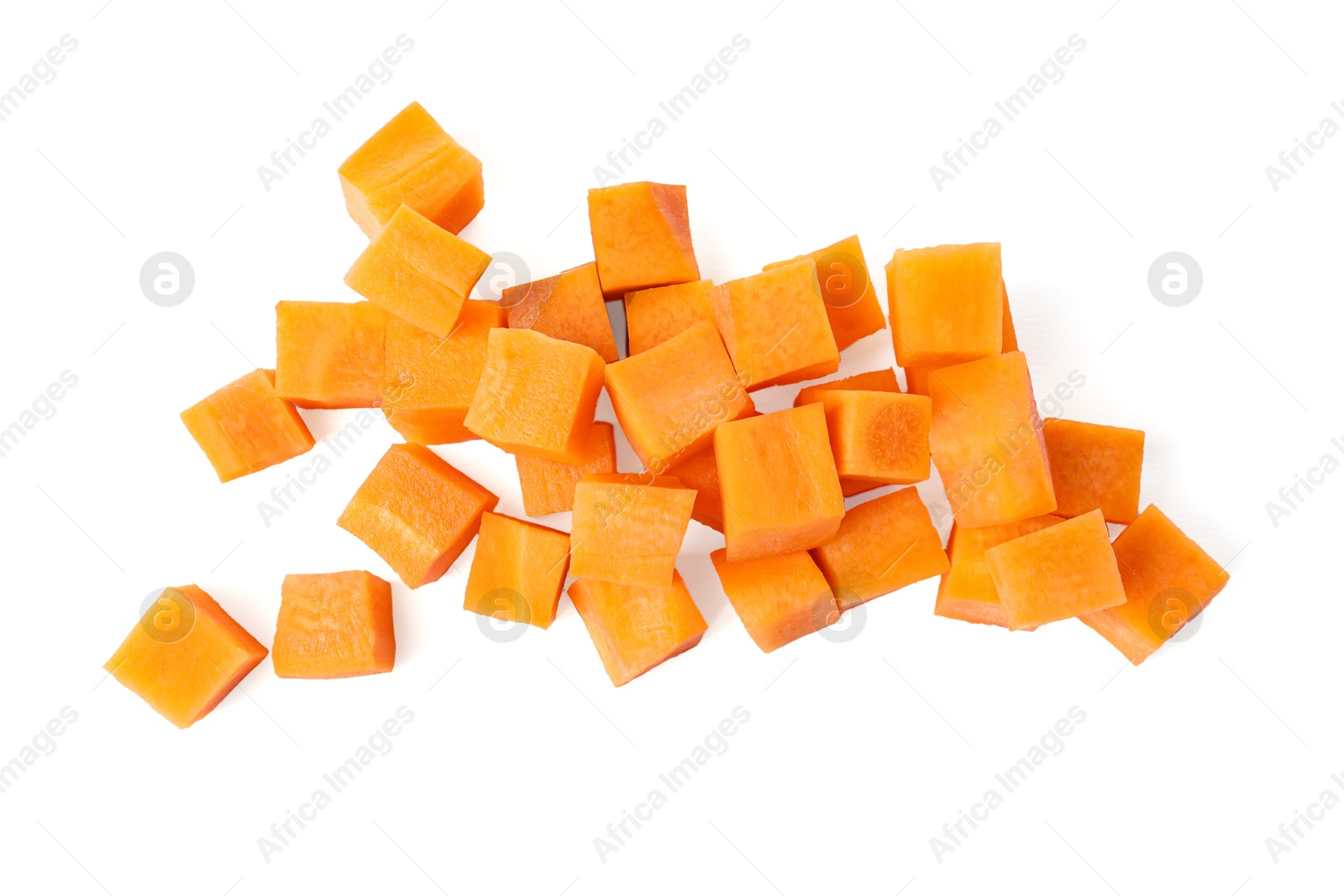 Photo of Pieces of fresh ripe carrot isolated on white, top view